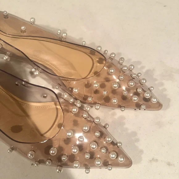 Cult Gaia Roxy Pearl Adorned Pointed Toe Clear Kitten Heels Size 39.5/9.5 - Picture 3 of 7